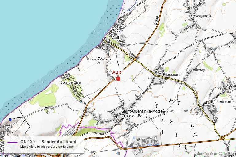 Carte topographique des sentiers de randonnée autour d'Ault — OpenTopoMap